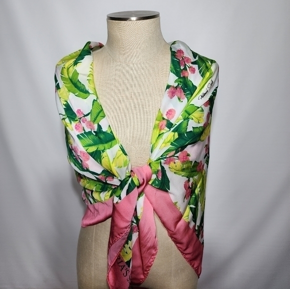 Victoria's Secret Green Pink Tropical Foliage Print Scarf Cover Up - Picture 5 of 14